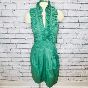 BCBGMAXAZRIA Womens Green Cocktail Ruffle Halter Mini Dress Size 02